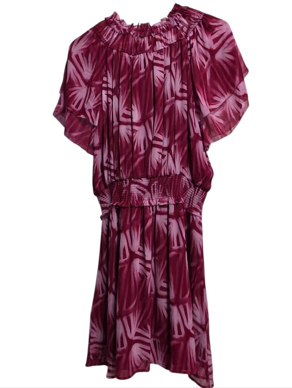 Rails Terrin Bahia Dress XL Pink Magenta Tropical Palm Print Smocked Ruffle Mini